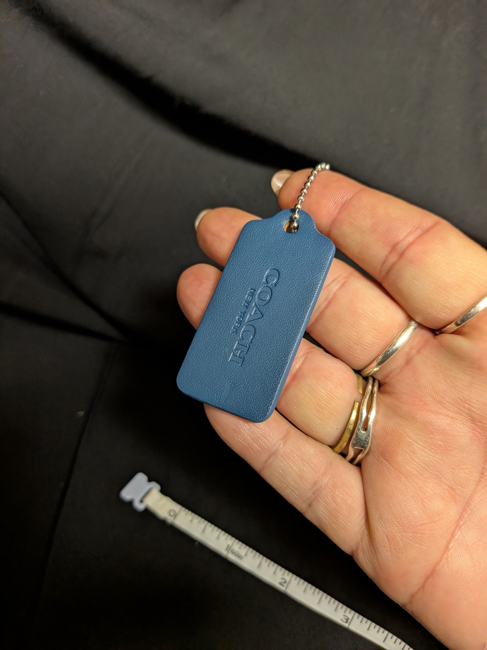 Coach Blue Embossed Leather Hang Tag with Silver Chain